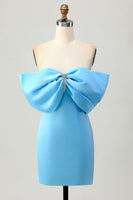 Load image into Gallery viewer, Sparkly Blue Satin Off the Shoulder Tight Short Homecoming Dress with Bow