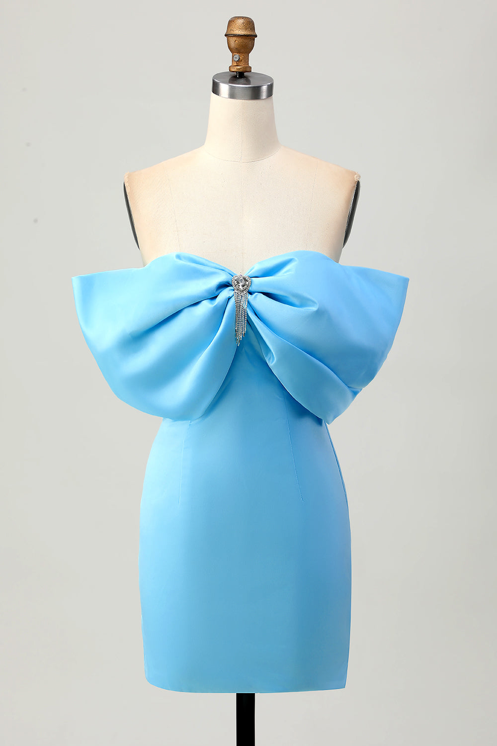Sparkly Blue Satin Off the Shoulder Tight Short Homecoming Dress with Bow