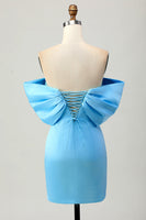 Load image into Gallery viewer, Sparkly Blue Satin Off the Shoulder Tight Short Homecoming Dress with Bow