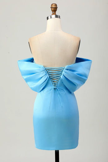 Sparkly Blue Satin Off the Shoulder Tight Short Homecoming Dress with Bow