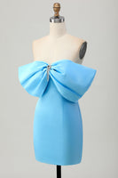Load image into Gallery viewer, Sparkly Blue Satin Off the Shoulder Tight Short Homecoming Dress with Bow