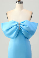 Load image into Gallery viewer, Sparkly Blue Satin Off the Shoulder Tight Short Homecoming Dress with Bow