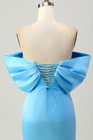 Load image into Gallery viewer, Sparkly Blue Satin Off the Shoulder Tight Short Homecoming Dress with Bow