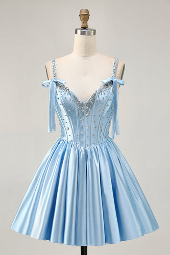 Sparkly Blue A Line Satin Short Corset Homecoming Dress