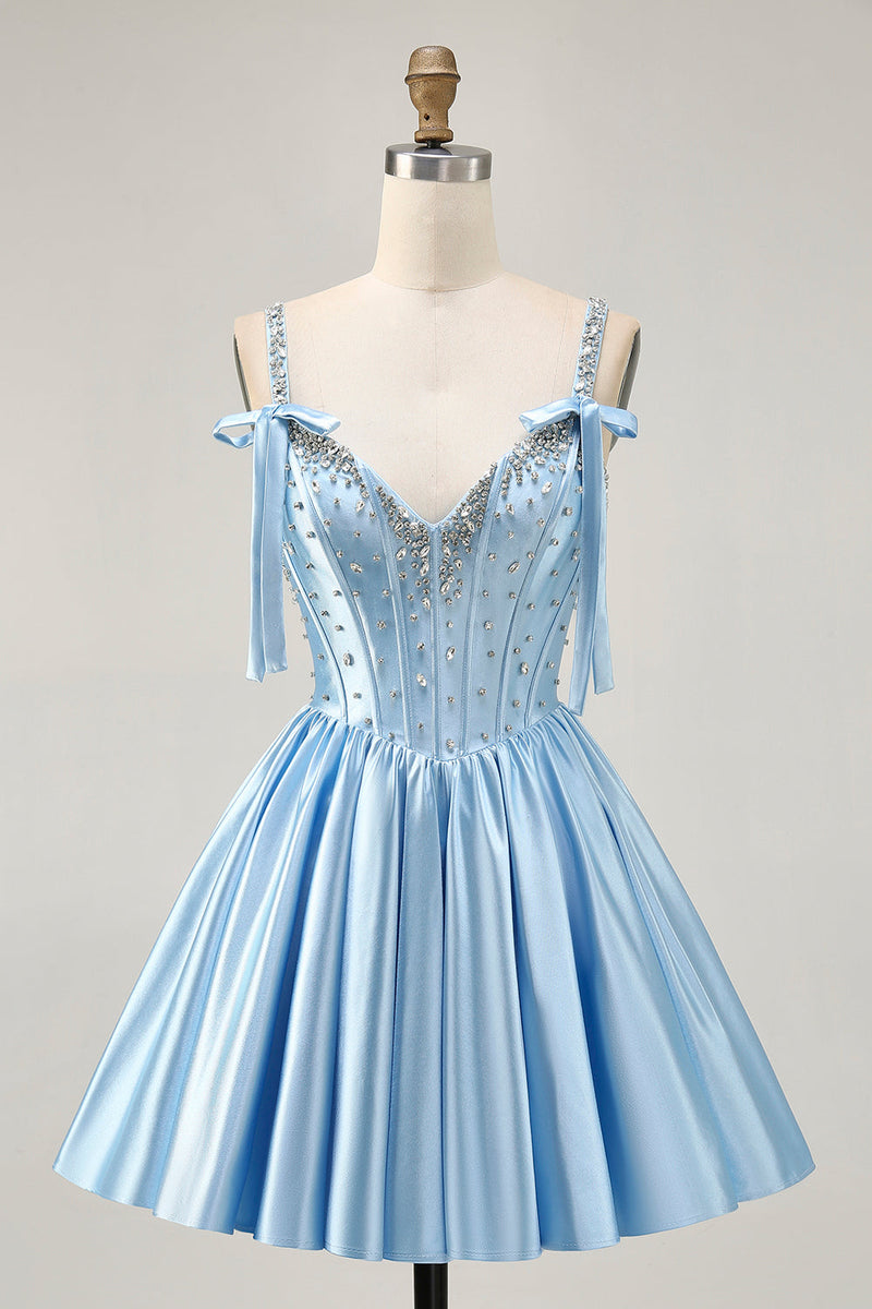 Load image into Gallery viewer, Sparkly Blue A Line Satin Short Corset Homecoming Dress