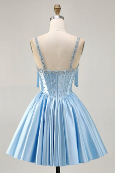 Sparkly Blue A Line Satin Short Corset Homecoming Dress