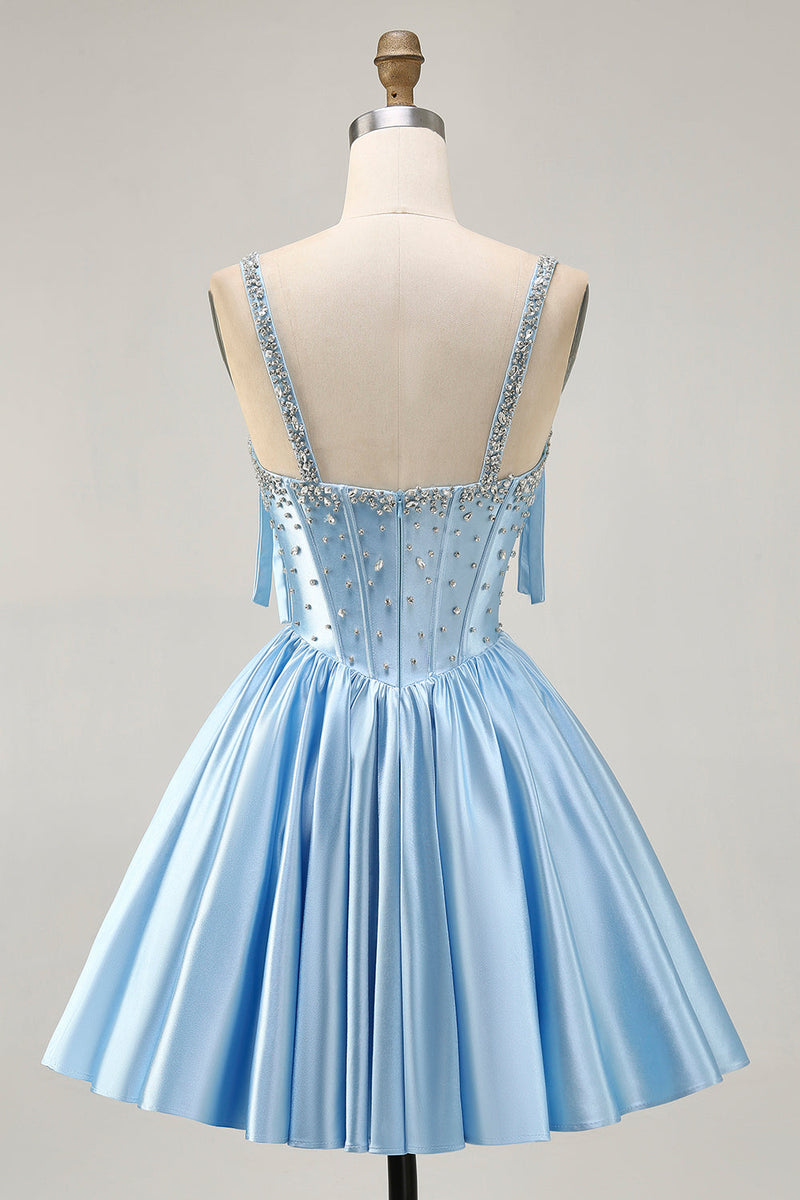 Load image into Gallery viewer, Sparkly Blue A Line Satin Short Corset Homecoming Dress