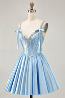 Load image into Gallery viewer, Sparkly Blue A Line Satin Short Corset Homecoming Dress
