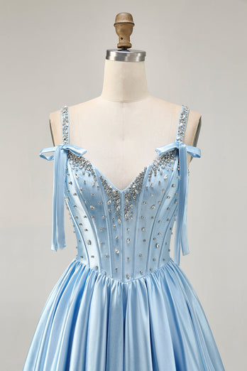 Sparkly Blue A Line Satin Short Corset Homecoming Dress