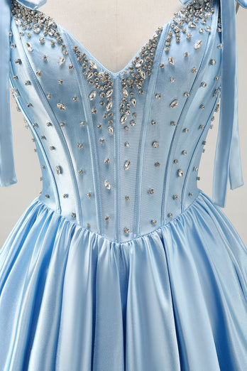 Sparkly Blue A Line Satin Short Corset Homecoming Dress