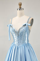 Load image into Gallery viewer, Sparkly Blue A Line Satin Short Corset Homecoming Dress
