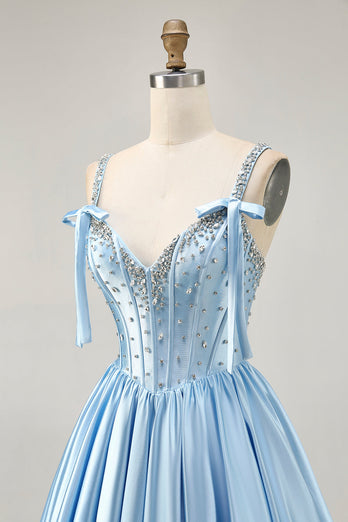 Sparkly Blue A Line Satin Short Corset Homecoming Dress