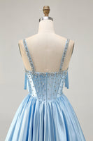Load image into Gallery viewer, Sparkly Blue A Line Satin Short Corset Homecoming Dress