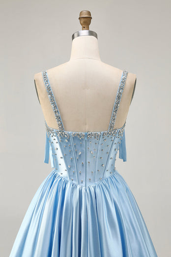 Sparkly Blue A Line Satin Short Corset Homecoming Dress