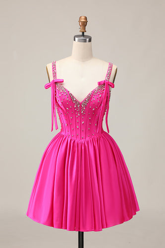 Sparkly Fuchsia Corset Short Homecoming Dress with Rhinestones