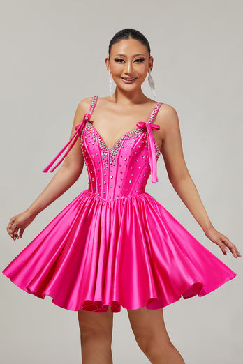 Sparkly Fuchsia Corset Short Homecoming Dress with Rhinestones