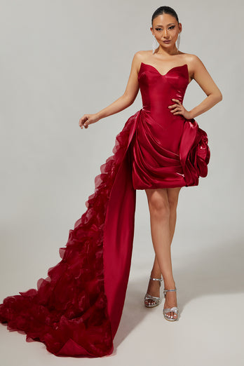 Burgundy Satin Tight Short Homecoming Dress with 3D Flowers