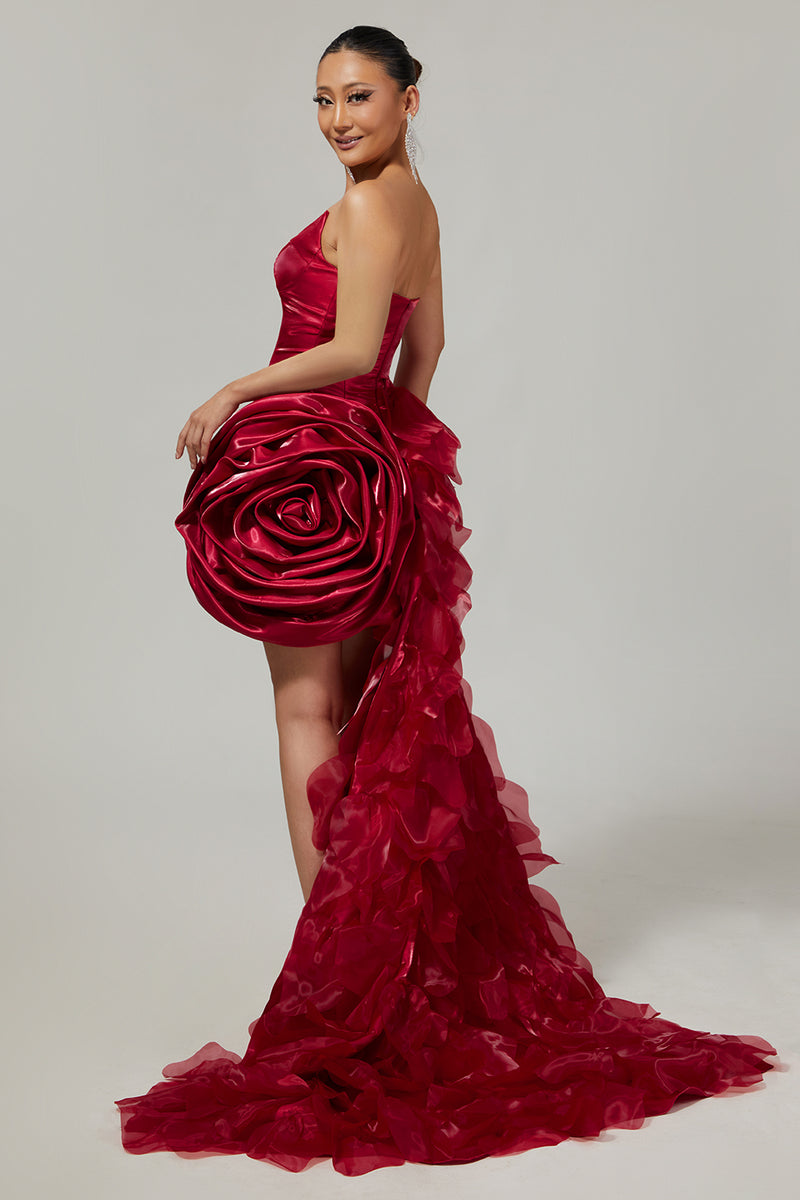 Load image into Gallery viewer, Burgundy Satin Tight Short Homecoming Dress with 3D Flowers