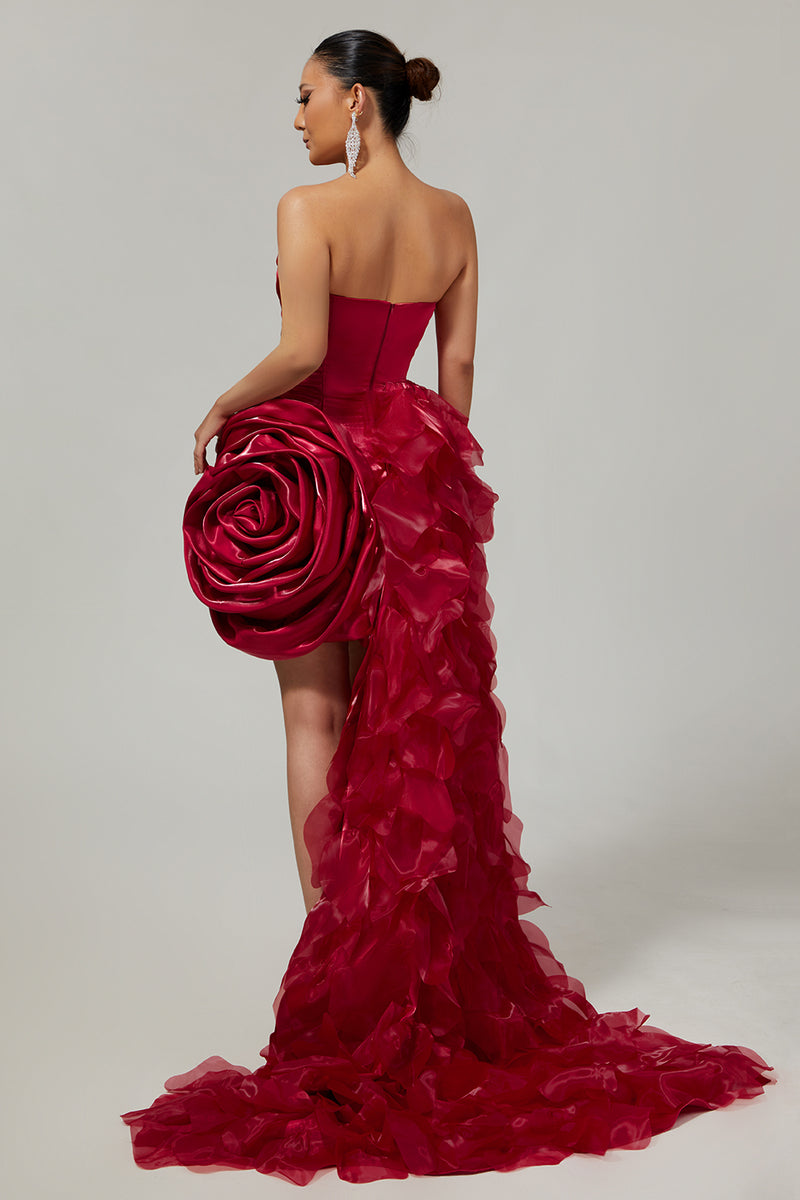 Load image into Gallery viewer, Burgundy Satin Tight Short Homecoming Dress with 3D Flowers