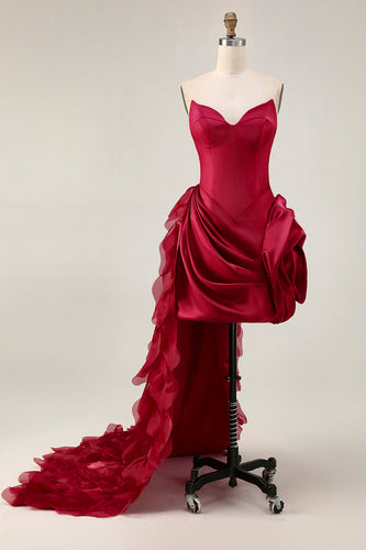 Burgundy Satin Tight Short Homecoming Dress with 3D Flowers