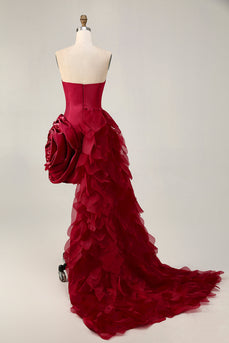 Burgundy Satin Tight Short Homecoming Dress with 3D Flowers