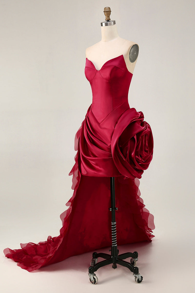 Load image into Gallery viewer, Burgundy Satin Tight Short Homecoming Dress with 3D Flowers