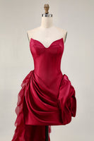 Load image into Gallery viewer, Burgundy Satin Tight Short Homecoming Dress with 3D Flowers