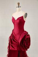 Load image into Gallery viewer, Burgundy Satin Tight Short Homecoming Dress with 3D Flowers