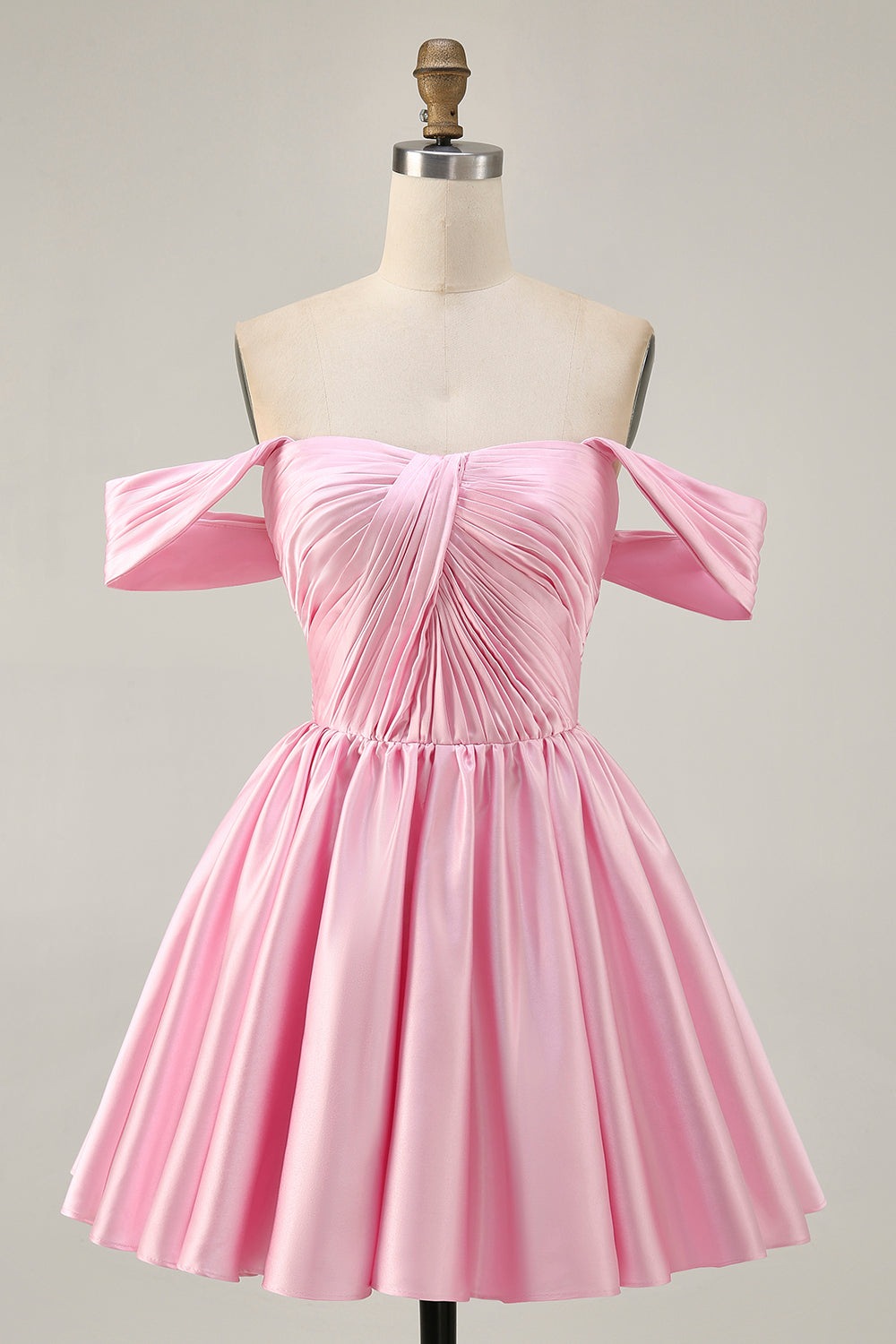 Pink Satin A Line Off the Shoulder Short Homecoming Dress