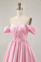 Load image into Gallery viewer, Pink Satin A Line Off the Shoulder Short Homecoming Dress