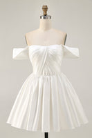 Load image into Gallery viewer, White Satin A Line Off the Shoulder Short Homecoming Dress