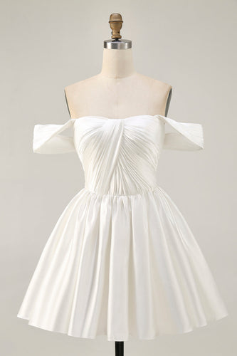 White Satin A Line Off the Shoulder Short Homecoming Dress