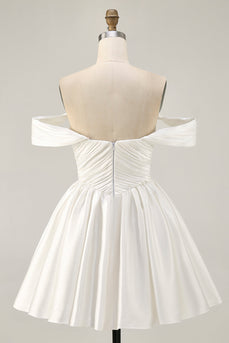 White Satin A Line Off the Shoulder Short Homecoming Dress