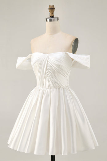White Satin A Line Off the Shoulder Short Homecoming Dress