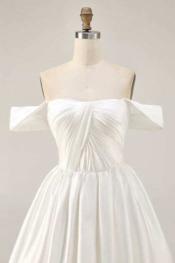 White Satin A Line Off the Shoulder Short Homecoming Dress