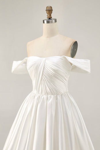 White Satin A Line Off the Shoulder Short Homecoming Dress