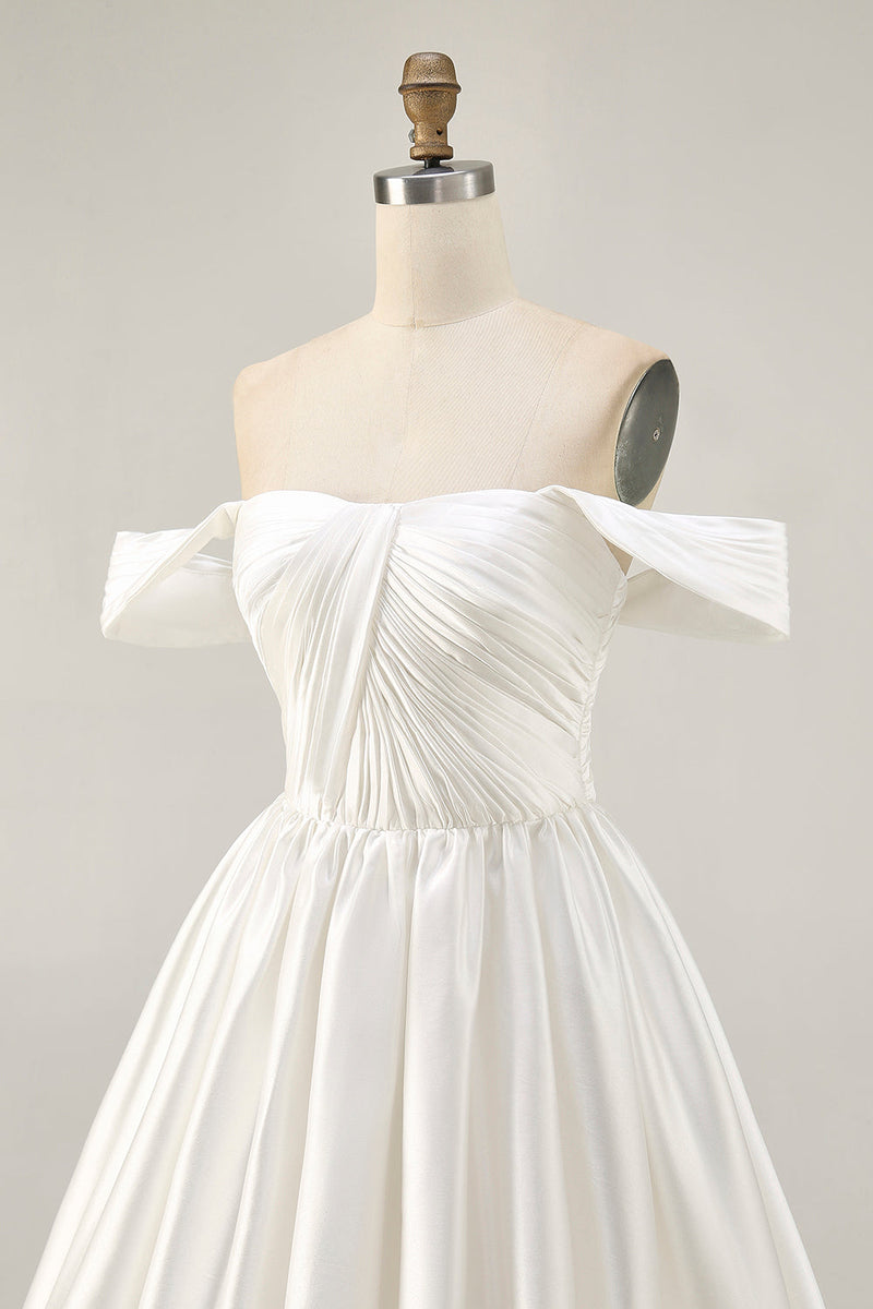 Load image into Gallery viewer, White Satin A Line Off the Shoulder Short Homecoming Dress