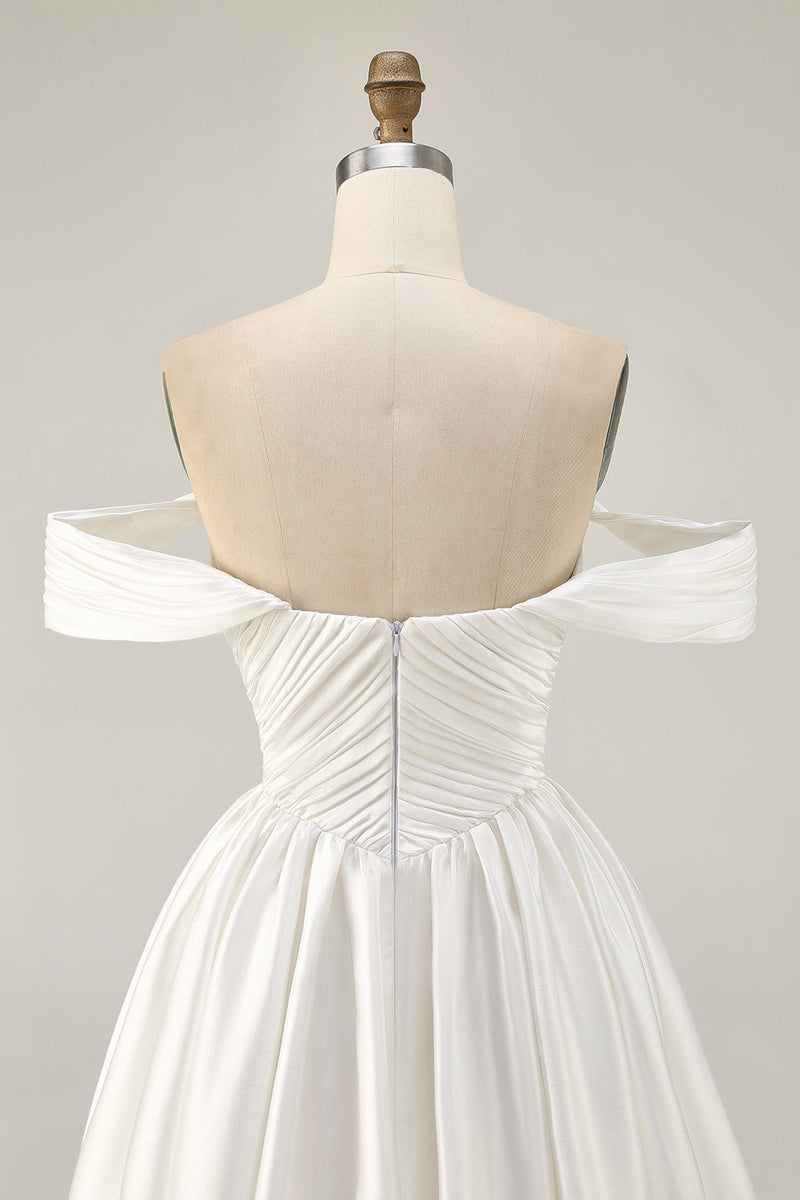 Load image into Gallery viewer, White Satin A Line Off the Shoulder Short Homecoming Dress