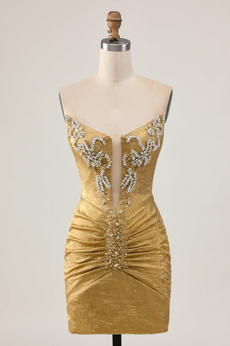 Sparkly Golden Ruched Short Tight Homecoming Dress with Beading