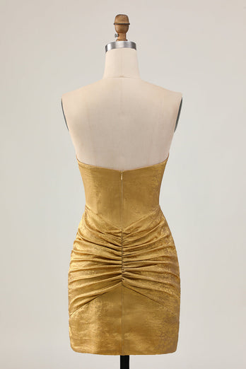 Sparkly Golden Ruched Short Tight Homecoming Dress with Beading