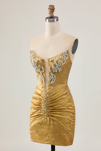 Sparkly Golden Ruched Short Tight Homecoming Dress with Beading