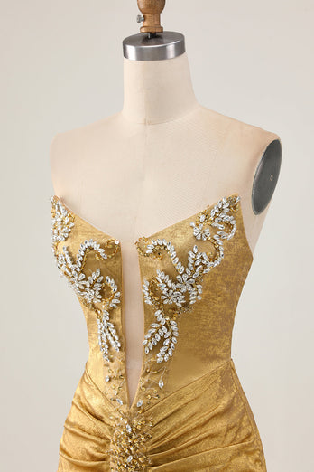 Sparkly Golden Ruched Short Tight Homecoming Dress with Beading