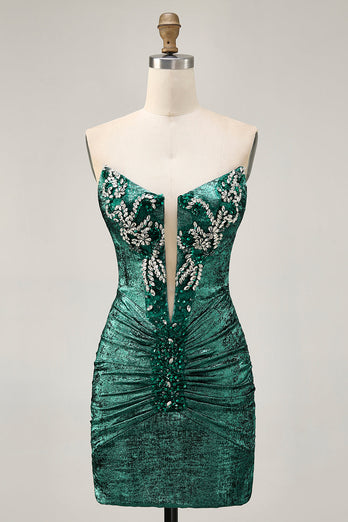 Sparkly Grey Green Metallic Tight Beaded Short Homecoming Dress