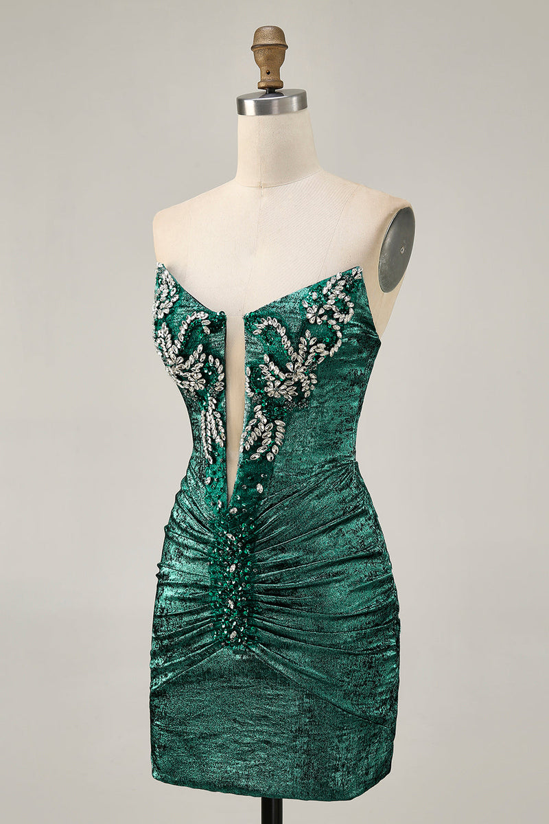 Load image into Gallery viewer, Sparkly Golden Ruched Short Tight Homecoming Dress with Beading
