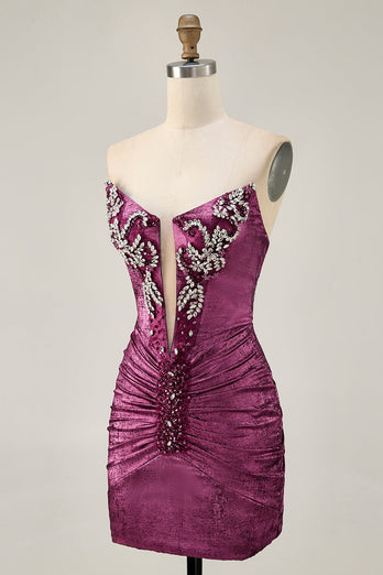 Sparkly Wine Tight Metallic Short Homecoming Dress with Beading