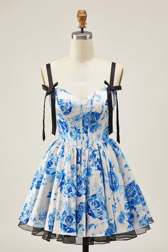 Floral White Blue A Line Short Corset Homecoming Dress with Bows