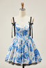 Load image into Gallery viewer, Floral White Fuchsia A Line Short Corset Homecoming Dress with Bows