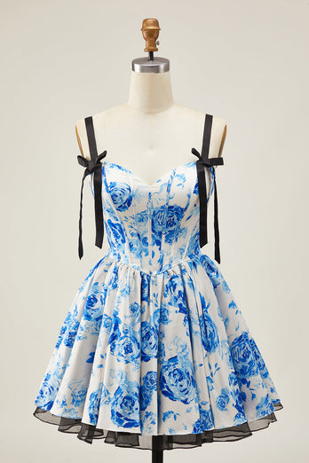 Floral White Fuchsia A Line Short Corset Homecoming Dress with Bows