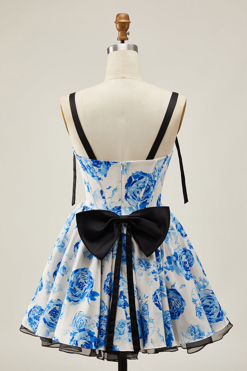 Load image into Gallery viewer, Floral White Fuchsia A Line Short Corset Homecoming Dress with Bows