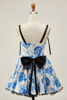 Floral White Blue A Line Short Corset Homecoming Dress with Bows